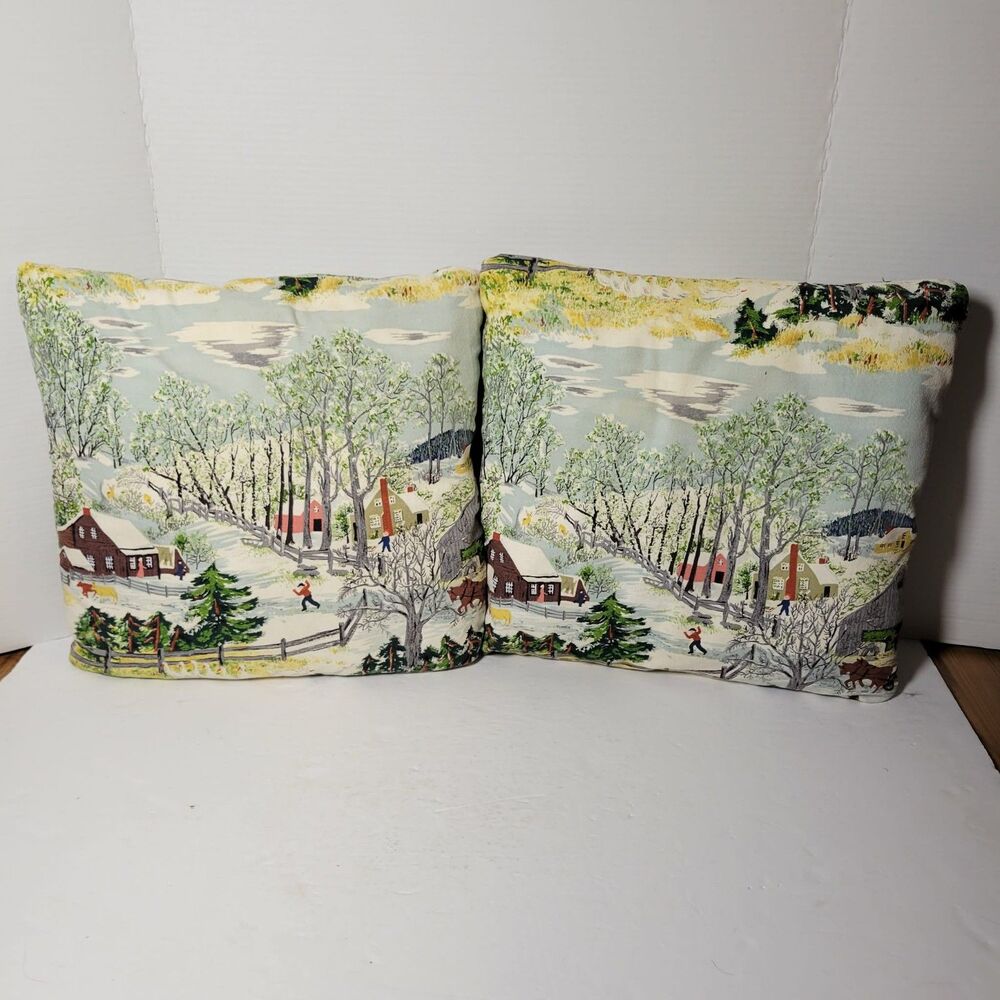 Vtg 50s Grandma Moses Early Springtime Farm Barkcloth Pillows Cushions Pair MCM